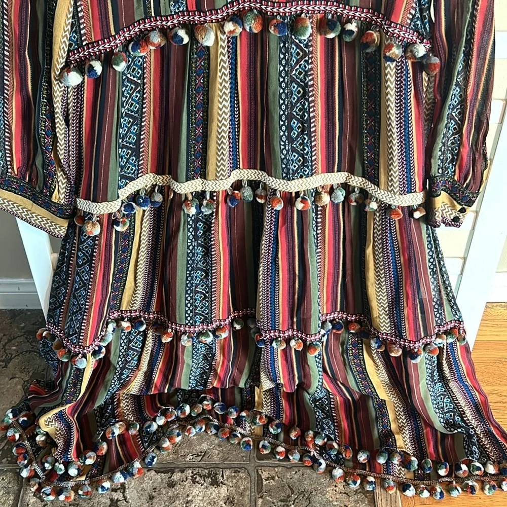 Zara Multicolor Pom Pom Trim Tiered Boho Maxi Dress Size Medium - Picture 5 of 16